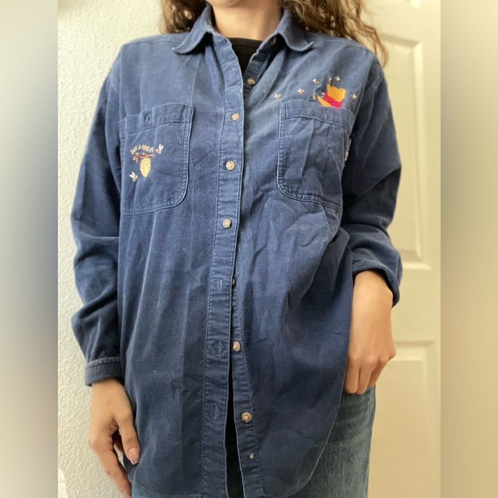 Vintage Y2K Corduroy Winnie Pooh Embroidered Button Down Shirt Sz Small